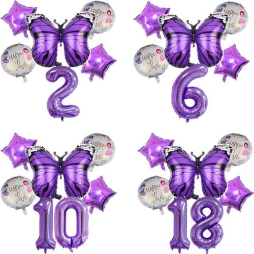 40inch Giant Purple Number with Butterfly Balloons Round Stars Foil Ball Set Childrens Girls Birthday Decorations