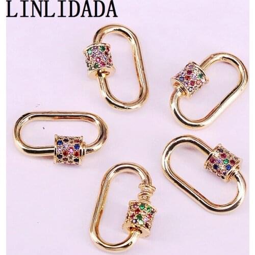 8Pcs, 12x18mm Gold Plated Colorful CZ Micro Pave Oval Shaped Crystal Zirconia Lock Clasp, Pendant Connector Clasp