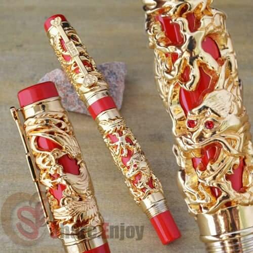 JINHAO NOBLEST DRAGON AND PHOENIX RED GOLDEN ROLLER BALL PEN CRYSTAL