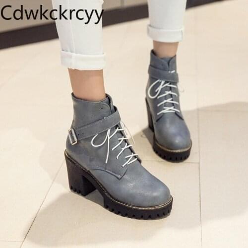 Winter The New fashion Round head Fang He Martin boots student Leisure Lace Plus velvet Keep warm High heel Women boots 34-43