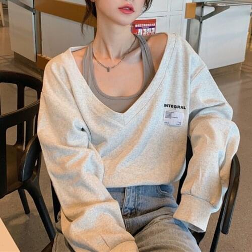 Retro letter print harajuku v-neck 2021 autumn plus size hoodies Korean style loose vintage streetwear casual long-sleeve shirt