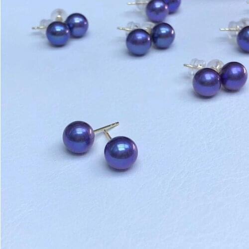 Fine Jewelry Pure 18 K Gold Natural Fresh Water Purple 7-8mm Round Pearl Earrings for Women Fine Pearl Earrings