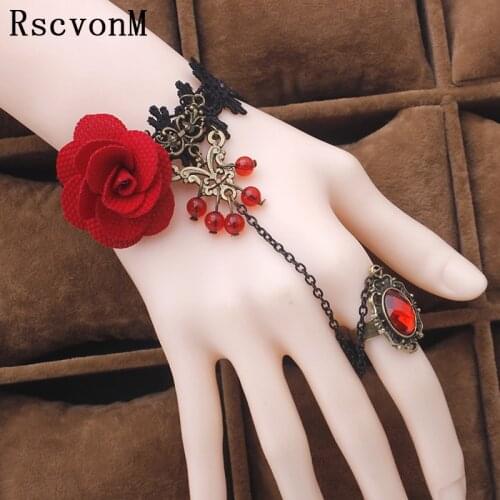 Lace Bracelet Fashion jewelry red rose flower temperament of crystal lace bracelet with ring one opisthenar jewelry Jewelry