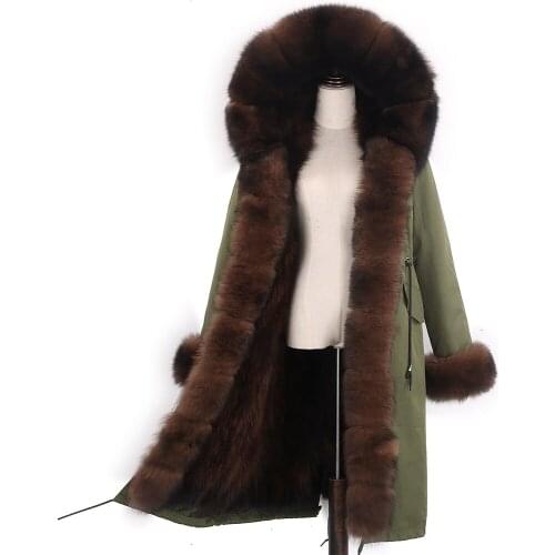 Women Winter Jacket X-Long Real Fox Fur Coat Parka Hood Natural Raccoon Fur Collar Streetwear Female Fashion Overcoat Outerwear