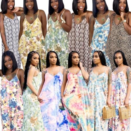 Somoshein S-2XL Summer Long Dress Women Clothing Fashion Tie Dye Printing Halter Dresses With Pockets Wholesale Dropshopping