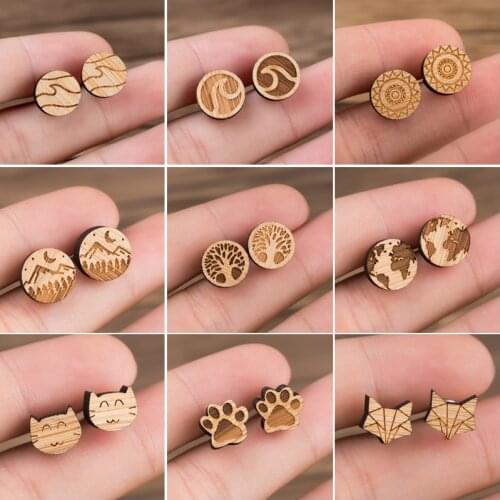 SMJEL Vintage Earrings Jewelry Cute Round Charm Wave Stud Earring for Women Girls Heart Beat Wood Earing Geometric bijoux