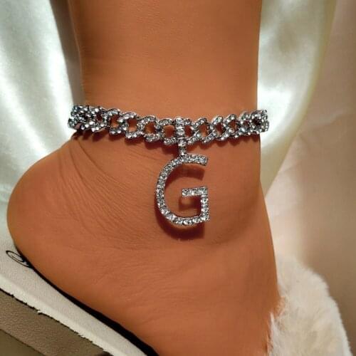 BYNOUCK Rhinestone Chunky Cuban Initials Anklets for Women Men Silver Color Metal Miami Cuban Link Ankle Chain Rock Jewelry Gift