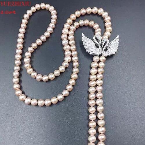 Natural 8-9mm white pink purple freshwater pearl Hand knotted inlay zircon Swan accessories necklace long sweater chain 25"inch
