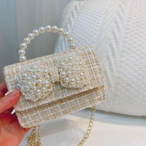 2020 New Haversack For Girl Kids Cute Beige Cross Body Bag Beaded Evening Bag For Children Party Bag