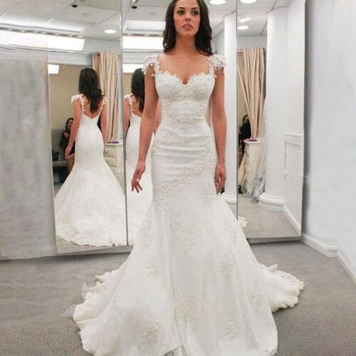 Charming Mermaid Sheer Neck Wedding Dress Puff Sleeve Wedding Gowns Long Sleeve Wedding Dress Lace Appliques Bridal Gowns