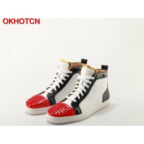 OKHOTCN Outdoors Chaussure Homme Fashion Men Shoes Brand Flats Lace Up White Black Red Mix Colors Spike Studs Rivet Casual Shoes