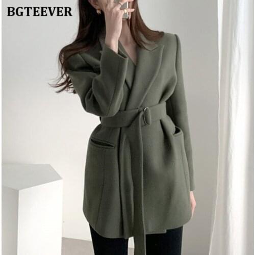 BGTEEVER Chic Elegant Woolen & Blends Blazer Women Autumn Winter Thick Warm Full Sleeve Belted Sashes Female Suit Jackets 2020