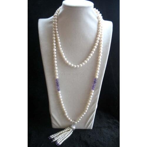 Freshwater pearl white near round 7-8mm &amethyst round 6mm tassel hook pendant necklaces 48"