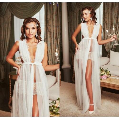 Sexy Women Sleepwear Bathrobe Boudoir Dress Lace A Line Kimono Dressing Gown Babydoll Tulle Lingerie Bath Robes De Mariée