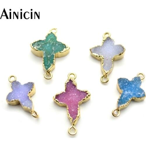 Natural Drusy Crystal Cross Shape Connectors Double Loops Fashion Jewelry Making Findings Charms Green Blue Pink Pendants