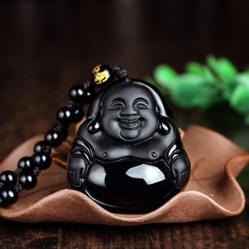 High Quality Natural Black Obsidian Carved Buddha One Lucky Amulet Pendant Necklace Pendants, Jades Jewelry For Men