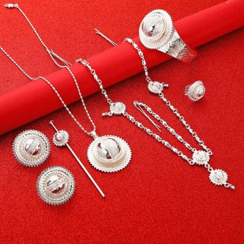 Ethiopian Jewelry Set Silver Color Pendant Chain Earrings Ring Bangle Habesha Wedding Eritrea Party