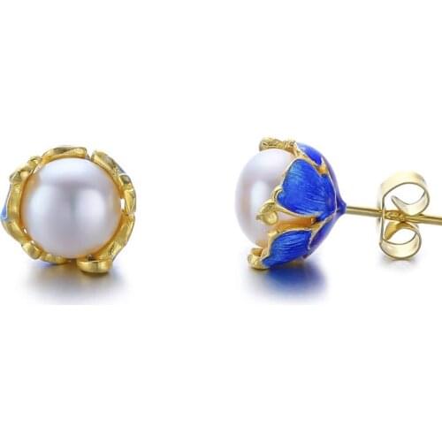 Fine Jewelry S 925 sterling Silver rose gold earrings Inlaid pearl beads earrings cloisonne Craft Ear Studs sapphire earrings