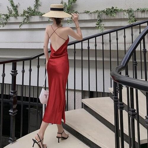 Women Satin V Neck Sexy Dress red Straight Party Dress Elegant Female Summer Spaghetti Strap Dress Casual vestido feminino