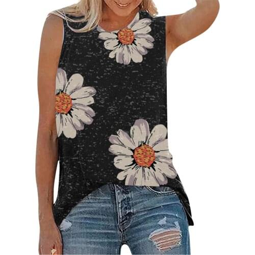 Womens Tank Top O-Neck Daisy Print Sleeveless Vest Summer Tops Floral Off Shoulder Tee Graphic Blouse Casual Women T Shirts
