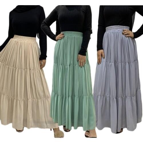 Women Muslim Pencil Long Skirt Chiffon Pleated Skirt Elastic Skirts High Waist UAE Islamic African Clothing Party Maxi Skirts