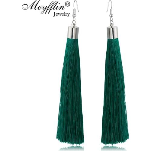 Meyfflin Long Tassel Earrings for Women Ethnic Blue Silk Statement Drop Fringed Earring Female Fashion Jewelry brincos 12 Colors