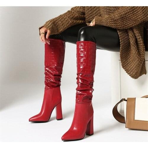PXELENA 7 Colors Pleated Knee High Boots Women Block Heels Slip On PU Leather Fashion Office Lady Party Daily Shoes Plus Size 43