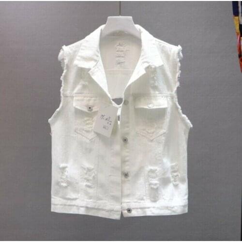 Women White Hole Denim Vest Sleeveless Student Jacket Waistcoat Coat 2020 Hot Sale New Personality Wild Fashion Street Hipster