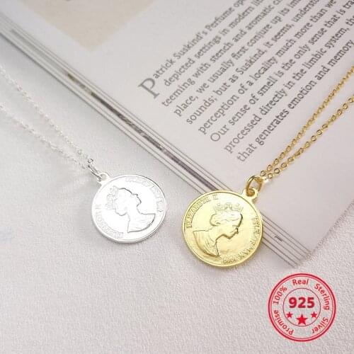 925 Sterling Silver Simple European American Retro Vintage Elizabeth Coin Pendant Necklace Women Jewelr