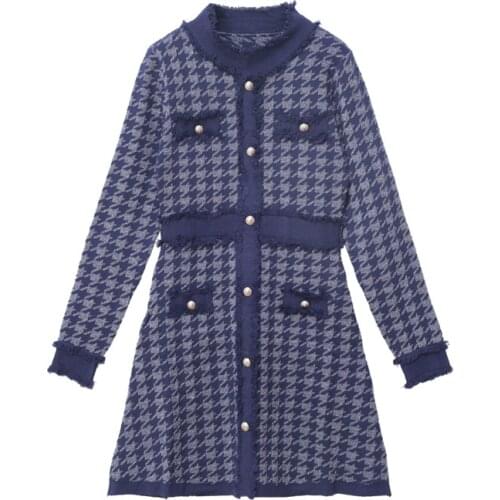 Spring Fall Houndstooth Dresses Tassel Buttons 0-Neck Slim A-Line Temperament Knitted Base Luxury Dress Harajuku Women Sweater