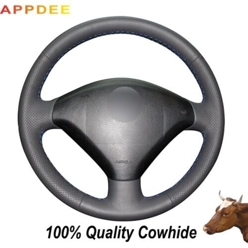 APPDEE Black Genuine Leather Car Steering Wheel Cover for Peugeot 307