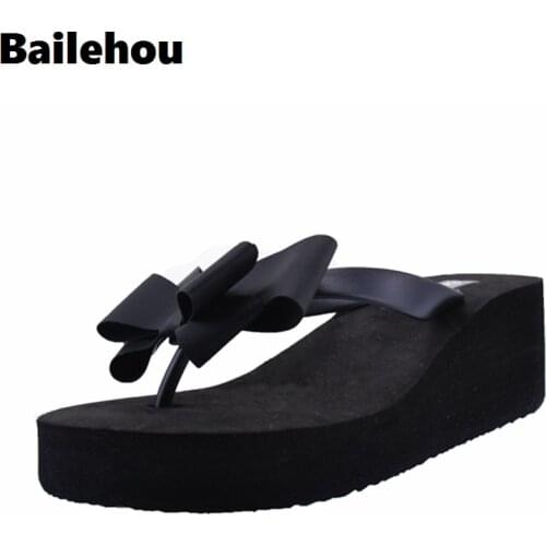Bailehou Fashion Women Slippers Flip Flops Butterfly Knot Slides Casual Slip On Shoes Platform Beach Slipper Wedge Shoes Heel 6