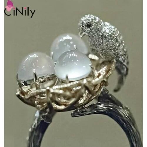 CiNily Vintage Bird Nest Moonstone Bird Egg Zircon Silver Plated Unisex Popular Jewelry Ring 6-10 NJ441