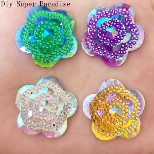 DIY 18pcs 25mm AB Resin Flower FlatBack Rhinestone Wedding Embellishment 2 Hole K44*3