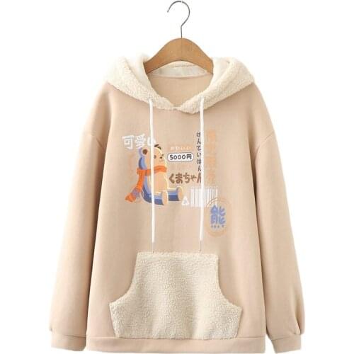 Womens Fleece Thick Hoodies Preppy Style Cute Bear Print Loose Warm Hooded Sweatshirts Harajuku Pullover 2011836