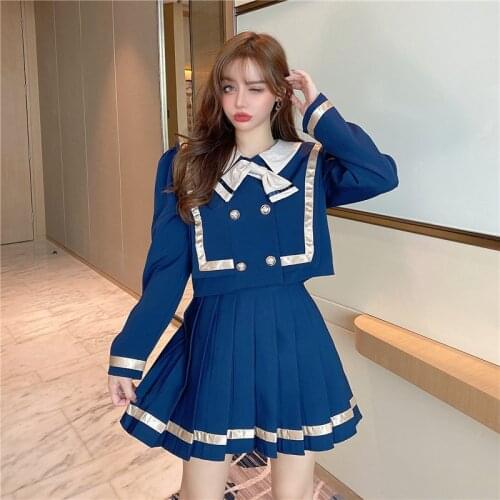 Sweet Girl Sailor Collar Dress Sets Autumn 2 Piece Skirt Sets Outfits Two Piece Long Sleeve Bowtie Shirt&Pleated Mini Skirt Suit