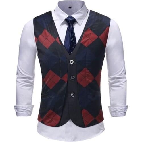 2019 Men Autumn New Business Men V-neck Fake Two Pieces Suit Vest Formal Wear Men Wedding Geometric Printing Vest