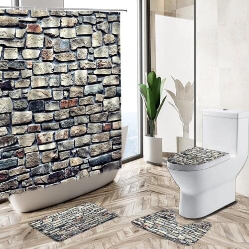 Retro Old Stone Brick Wall Bathroom Set Bathtub Waterproof Shower Window Non-Slip Rug Toilet Cover Bath Mat Home Decoration