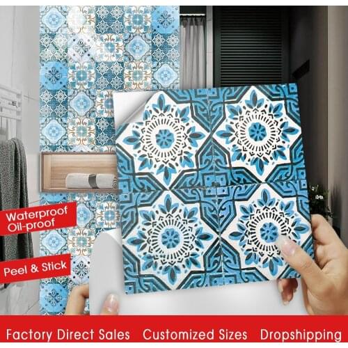 10pcs/set Dirty Old Style Blue Floral Ornament Arabesque Wall Sticker Kitchen Bathroom Ceramics Wall Decal Tile Floor Art Mural