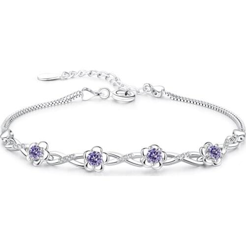 Luxury 925 Sterling Silver Bracelets Purple White Zircon Plum Flower Bracelets & Bangles For Women pulseira bijoux femme