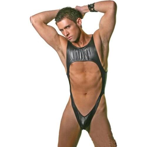 Sexy Male Faux Leather Lingerie Hollow Out Backless One Piece Underwear Mens Jumpsuit Bodysuit Swimwear Trunks