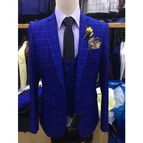 Slim Fit Royal Blue Wedding Suits For Men Classic Business Plaid Tuxedos Groom Formal Party Prom Men Suits Ternos Masculino 3PCS