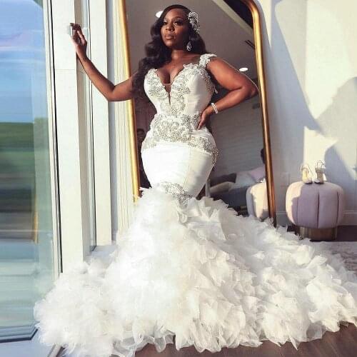 Aso Ebi Mermaid Wedding Dresses With Major Beads Ruffles Tiered Long Train Plus Size Bridal Gown Luxury Robe De Marriage