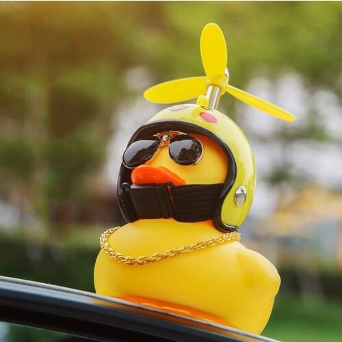 Car Ornament Creative Decoration Lovely Lucky Duck Car Dashboard Toys With Helmet And Chain Funny Luminous Car Accessories