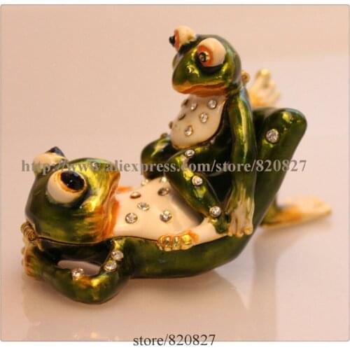 Gorgeous Miniature 2 Frogs Jewelled Box Jewelry Box with Inlaid Crystal, Pill Box Figurine Green Frogs Jewelry Trinket Box