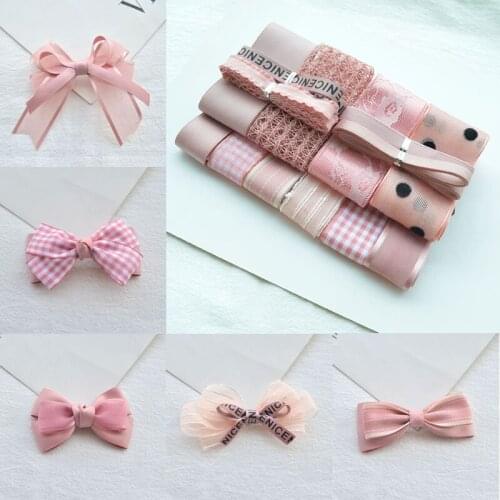 High Quality Korea Pink Handmade Hair Bowknot Ribbon Set Flower Gift Packaging DIY Hair Accessories Hairpin Ribbons (14 Pieces)