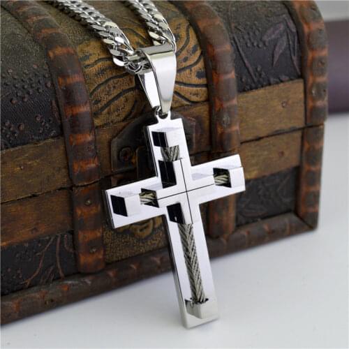New Stainless Steel Necklace for Men Crystal Cross Pendant Necklace Pave Rhinestone Gold Color Cross Fashion Jewelry 60cm Length