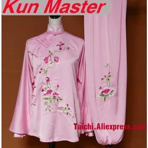 Lady Custom Tai Chi Performance Uniform Flower Embroidery Martial Art Clothing Oblique Collar Kung Fu Clothes Pink