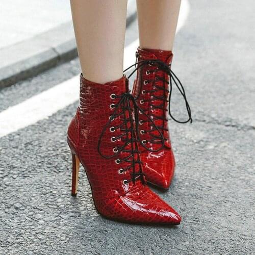 Black Red White Faux Leather Women Ankle Boots Pointed Toe Side Zipper Ladies Thin High Heel Boots Womens Shoes Plus Size 34-45