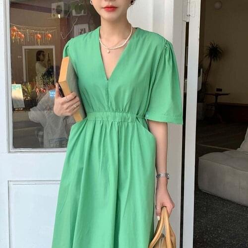 2021 New Women Summer Vintage Green Long Dress Drawstring Sashes V Neck High Waist A-line Loose Sundress Big Pockets